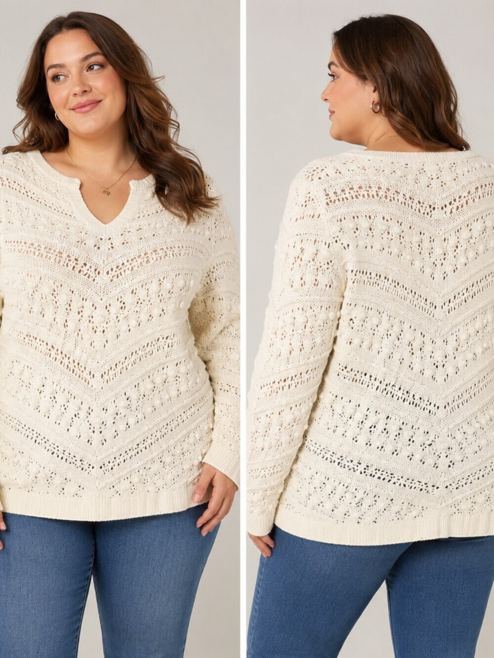 J Jill Woman 2X Popcorn Stitched Sweater Ivory Open Knit Pullover Long Sleeve